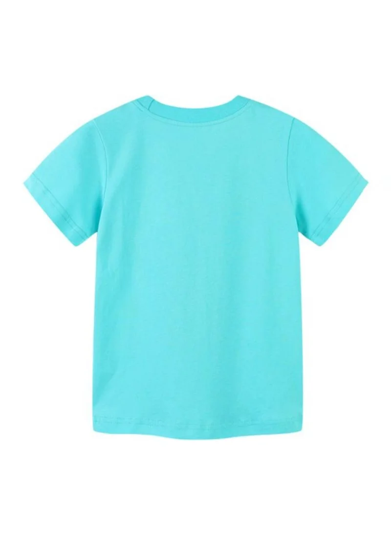 يونيكي Turquoise Blue Printed Solid Round Neck Cotton T-shirt