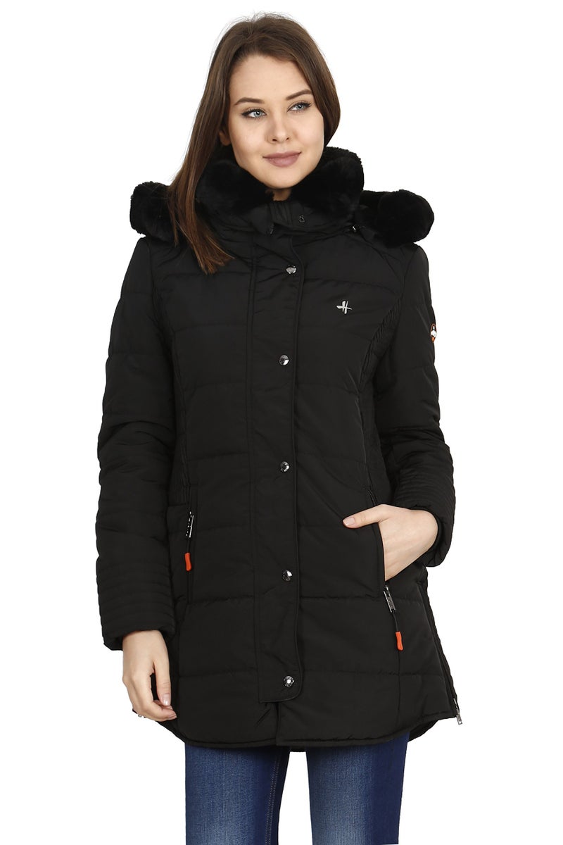 HIVER Women's Plain / Solid Nylon Wool Mid Thigh Jacket (HHR-Tex-Blue-Medium_Black_3XL) - Image 1