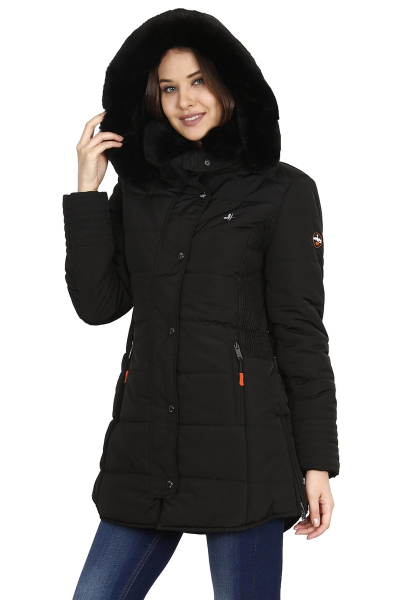 HIVER Women's Plain / Solid Nylon Wool Mid Thigh Jacket (HHR-Tex-Blue-Medium_Black_3XL) - Image 3
