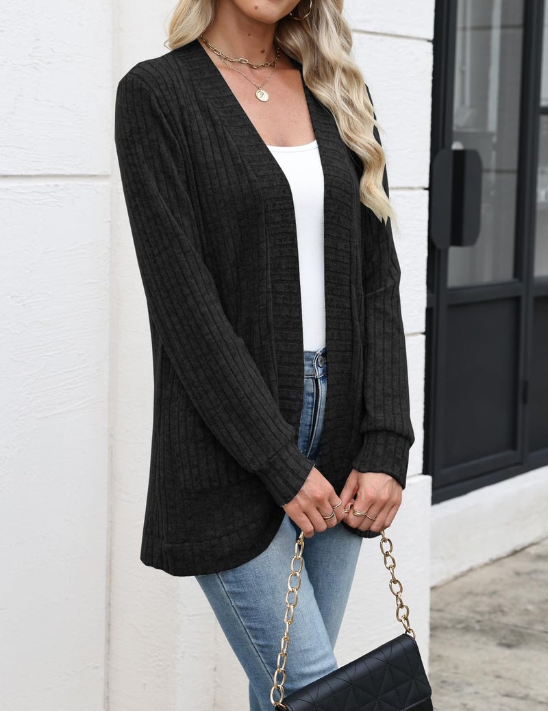Halife Women's Cardigans Lightweight Long Sleeve Dressy Casual Draped Knit Fall Shrugs Sweater with Pockets Black XL - Image 3