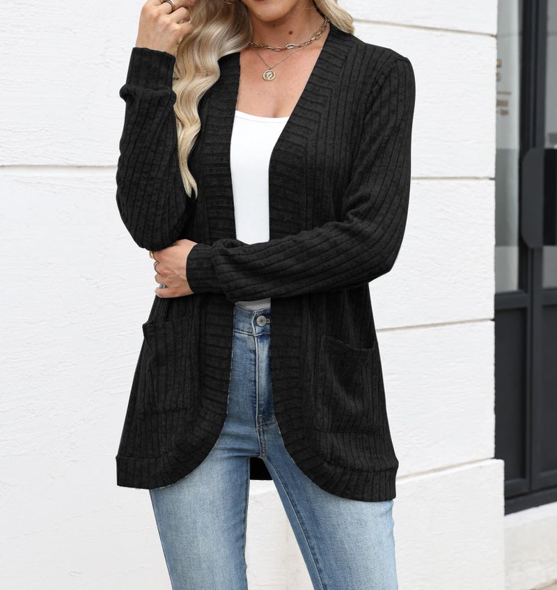 Halife Women's Cardigans Lightweight Long Sleeve Dressy Casual Draped Knit Fall Shrugs Sweater with Pockets Black XL - Image 4