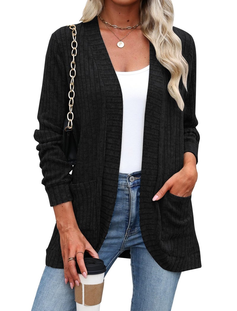 Halife Women's Cardigans Lightweight Long Sleeve Dressy Casual Draped Knit Fall Shrugs Sweater with Pockets Black XL - Image 1