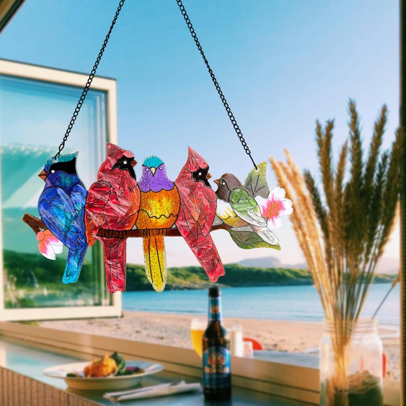 DASTOLL Stained Glass Window Hanging - Large Stained Glass Birds on Branch, Birds Sun Catchers Indoor Window with Chain and Hook Gifts for Bird Lover, Mom, Grandma, Stocking Stuffers for Women - Image 3
