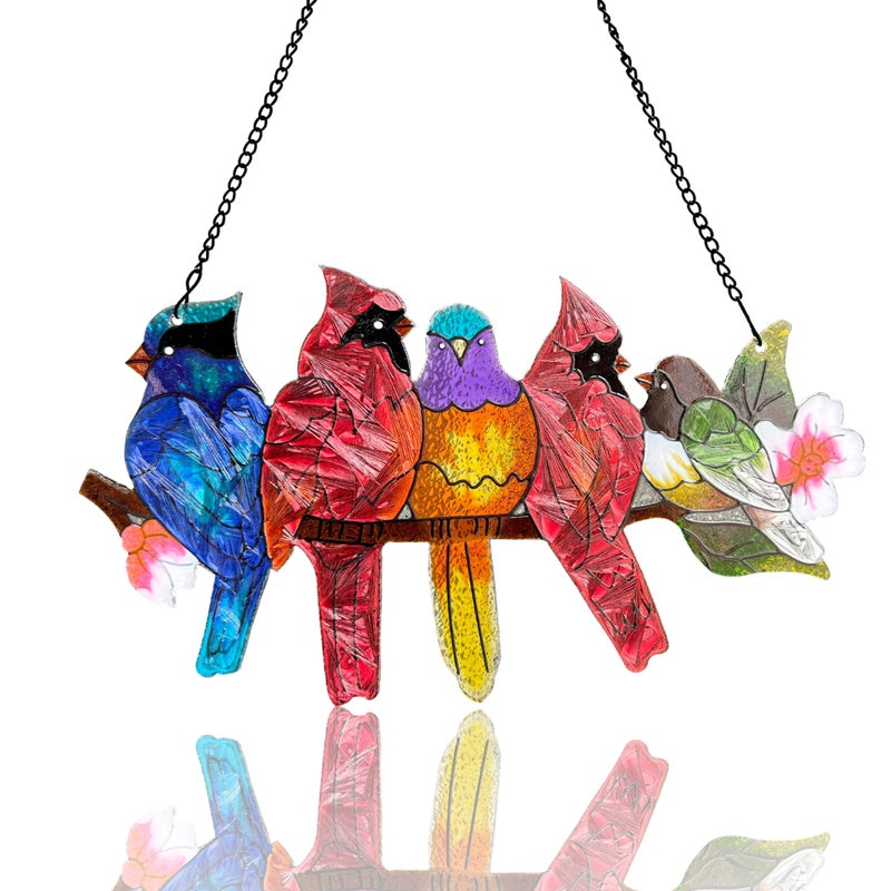 DASTOLL Stained Glass Window Hanging - Large Stained Glass Birds on Branch, Birds Sun Catchers Indoor Window with Chain and Hook Gifts for Bird Lover, Mom, Grandma, Stocking Stuffers for Women - Image 1