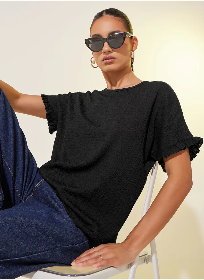 Styli Texture Solid Round Neck Loose Fit T-Shirt