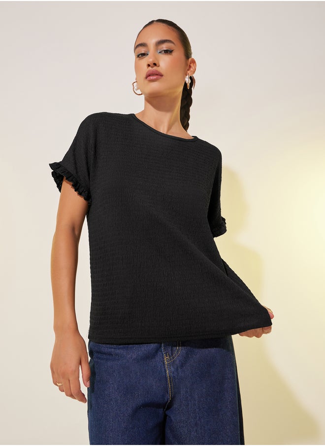 Take Two Texture Solid Round Neck Loose Fit T-Shirt  - Image 3
