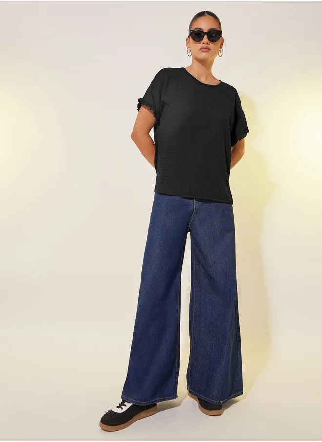 Styli Texture Solid Round Neck Loose Fit T-Shirt