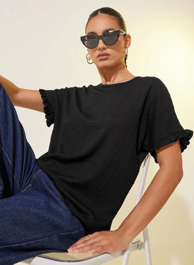 Take Two Texture Solid Round Neck Loose Fit T-Shirt