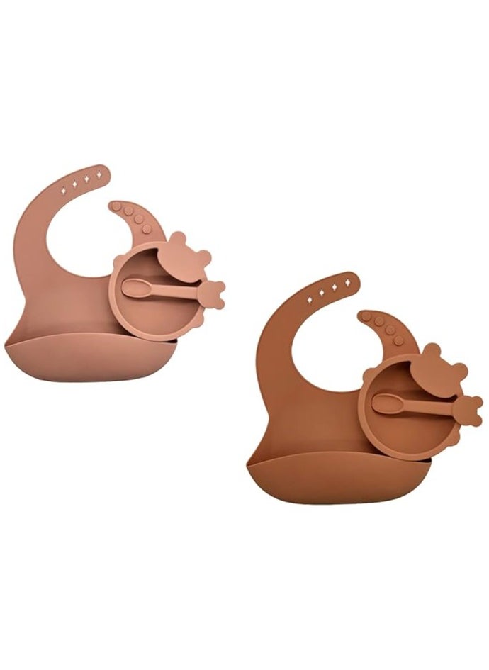 Pixie Pixie Baby Toddlers Infants Silicone Feeding Set Pack Of 2, Baby Bowl + Baby Set With Strong Suction Bowl, Adjustable Silicone Bibs, Baby Self Feeding Spoon (Peach, Brown)  - Image 1