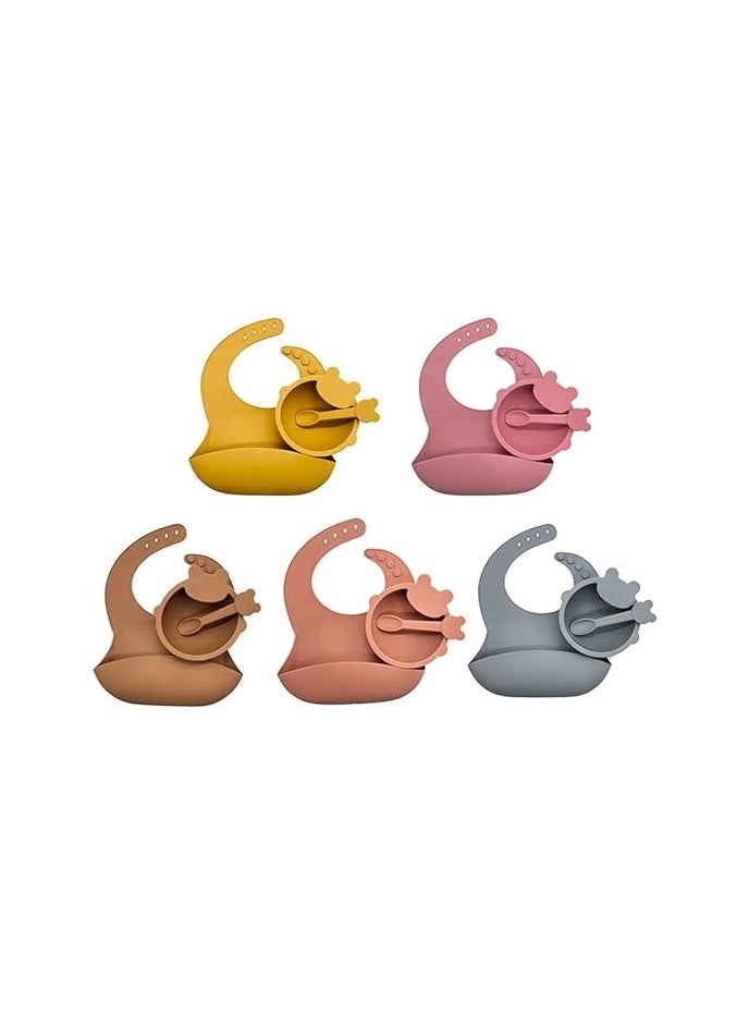 Pixie Pixie Baby Toddlers Infants Silicone Feeding Set Pack Of 2, Baby Bowl + Baby Set With Strong Suction Bowl, Adjustable Silicone Bibs, Baby Self Feeding Spoon (Peach, Brown)  - Image 3