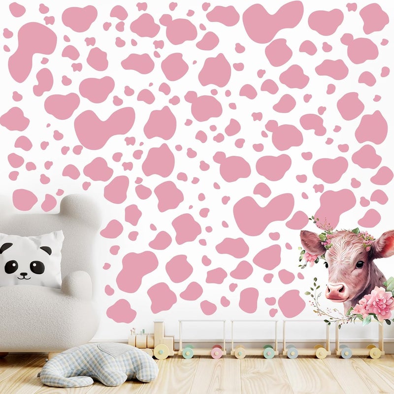 Chinco 184 Pcs Cow Print Stickers Adhesive Wall Stickers Cow Print Vinyl Art Decal Removable Wall Decor Waterproof Animal Design Decals for Bedroom Living Room NurseryPink - Image 1
