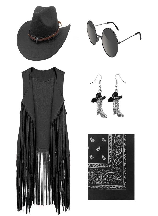 HyperFun Western Cowgirl Outfits Cowboy Hat Fringe Vest Bandana for Women, 70s Hippie Costume Rodeo - Image 1