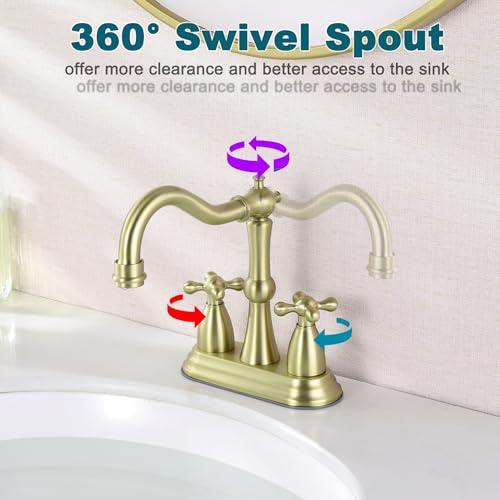 Senhozi Antique Bathroom Faucet Brushed Gold, Senhozi Cross Handles Centerset Bathroom Faucet for Sink 3 Hole with Overflow Pop Up Drain Assembly and Supply Hose, SUS304 RV Bathroom Faucet 3 Hole, SE-0038-BG - Image 3