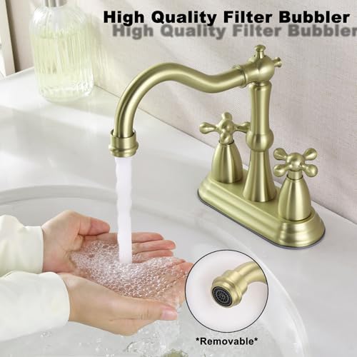 Senhozi Antique Bathroom Faucet Brushed Gold, Senhozi Cross Handles Centerset Bathroom Faucet for Sink 3 Hole with Overflow Pop Up Drain Assembly and Supply Hose, SUS304 RV Bathroom Faucet 3 Hole, SE-0038-BG - Image 2