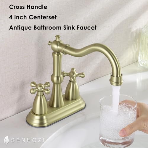 Senhozi Antique Bathroom Faucet Brushed Gold, Senhozi Cross Handles Centerset Bathroom Faucet for Sink 3 Hole with Overflow Pop Up Drain Assembly and Supply Hose, SUS304 RV Bathroom Faucet 3 Hole, SE-0038-BG - Image 4