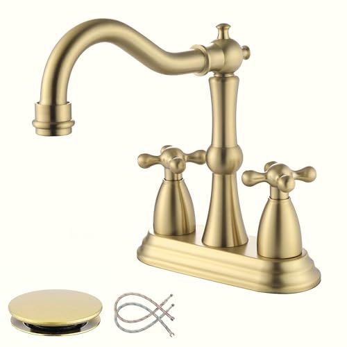 Senhozi Antique Bathroom Faucet Brushed Gold, Senhozi Cross Handles Centerset Bathroom Faucet for Sink 3 Hole with Overflow Pop Up Drain Assembly and Supply Hose, SUS304 RV Bathroom Faucet 3 Hole, SE-0038-BG - Image 1