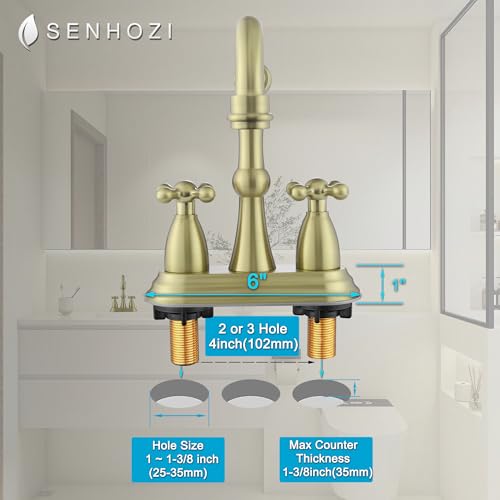 Senhozi Antique Bathroom Faucet Brushed Gold, Senhozi Cross Handles Centerset Bathroom Faucet for Sink 3 Hole with Overflow Pop Up Drain Assembly and Supply Hose, SUS304 RV Bathroom Faucet 3 Hole, SE-0038-BG - Image 5