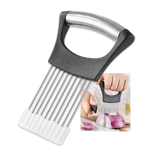 Mumulo Onion Slicer, Mumulo Stainless Steel Onion Cutter for Slicing and Storage Onions, Tomato, Eggs and Vegetables, Protective Cover Included, Dishwasher Safe (Black) - Image 1