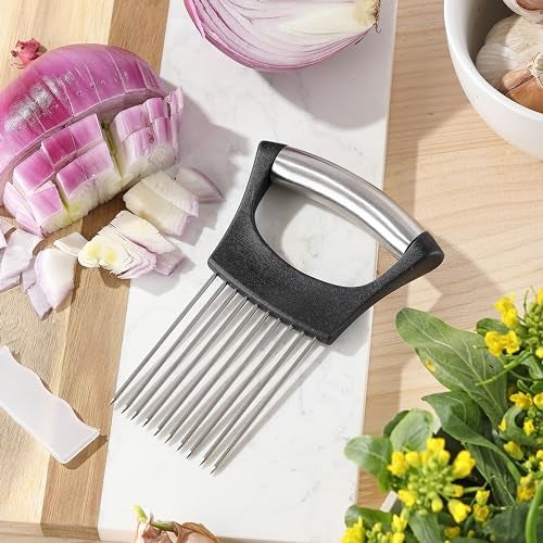 Mumulo Onion Slicer, Mumulo Stainless Steel Onion Cutter for Slicing and Storage Onions, Tomato, Eggs and Vegetables, Protective Cover Included, Dishwasher Safe (Black) - Image 5