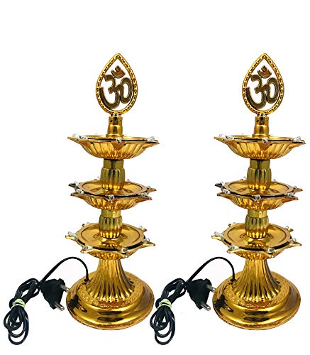 Evisha 3 Layered Pillar LED Bulb Golden Decorative Diya for Diwali Decoration Puja Room Temple Set of 2 LED Golden OM Design Electric Diya Decorative Lamp for All Festival
