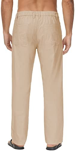 Janmid Men Casual Beach Trousers Linen Summer Pants (Dark Khaki, L) - Image 2