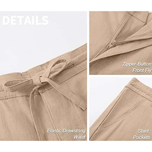 Janmid Men Casual Beach Trousers Linen Summer Pants (Dark Khaki, L) - Image 4