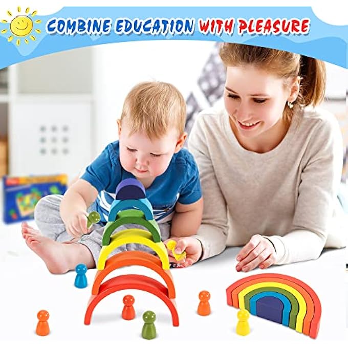 WOODEN BUILDING BLOCKS RAINBOW WOODEN PACK OF 12 COLOURFUL STACKING MONTESSORI TOY WITH WOODEN FIGURES PEG DOLLS, NESTING PUZZLE PLAY BLOCKS BUILDING BLOCKS MOTOR SKILLS LEARNING TOY FOR CHILDREN BOYS - Image 4