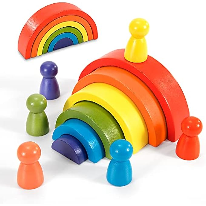 WOODEN BUILDING BLOCKS RAINBOW WOODEN PACK OF 12 COLOURFUL STACKING MONTESSORI TOY WITH WOODEN FIGURES PEG DOLLS, NESTING PUZZLE PLAY BLOCKS BUILDING BLOCKS MOTOR SKILLS LEARNING TOY FOR CHILDREN BOYS - Image 1
