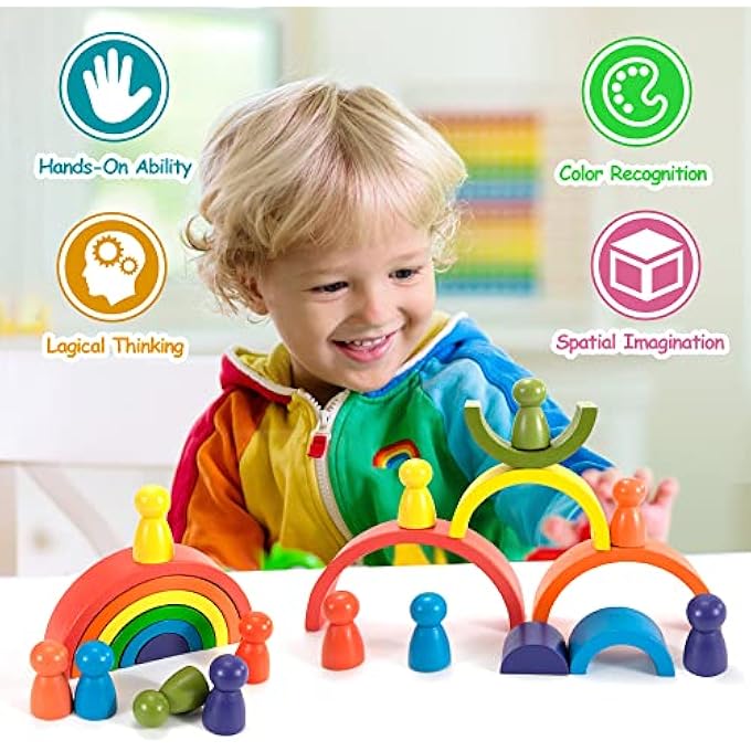 WOODEN BUILDING BLOCKS RAINBOW WOODEN PACK OF 12 COLOURFUL STACKING MONTESSORI TOY WITH WOODEN FIGURES PEG DOLLS, NESTING PUZZLE PLAY BLOCKS BUILDING BLOCKS MOTOR SKILLS LEARNING TOY FOR CHILDREN BOYS - Image 3