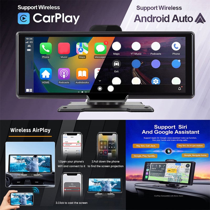 10.26-inch car mounted intelligent portable screen with wireless CarPlay, Android AUTO, 4K front and rear dashcam, 64G card - Image 3