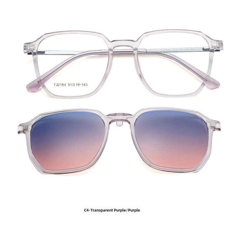 Generic Magnetic Clip-on Sunglasses Set Unisex Retro Sports Prescription Frame Purple frame with upper gray and lower powder C4-2184 