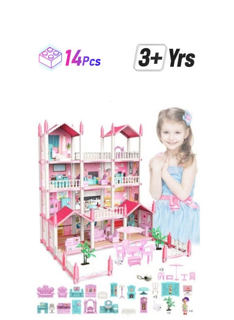 Doll House Girl Toys Dream Dollhouse  Story 14 Rooms Playhouse, Doll House Building Toys with Lights to Assemble Kitchen, Bedroom, Furniture, Garden, Play Dream House for Girls (Pink)