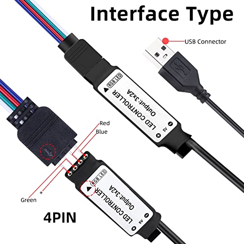 RGBZONE 5V USB RGB LED Controller, IR Wireless Remote Control, 1M(3.3FT) 4-PIN LED Controller, 5V 5050 2835 5630 LED Strip Lights - Image 3
