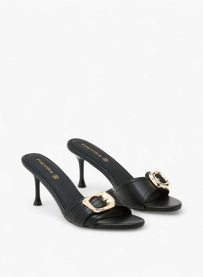 Paprika Buckle Accent Slip-On Sandals with Stiletto Heels