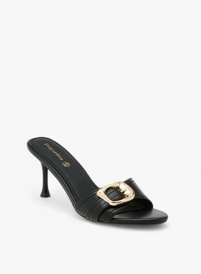 Paprika Buckle Accent Slip-On Sandals with Stiletto Heels