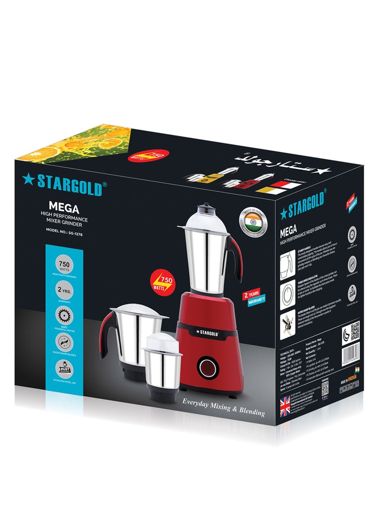 Stargold Mixer Grinder 750 Watts 3-In-1 High Performance Copper Motor With Razor Sharp Blade  - Image 2