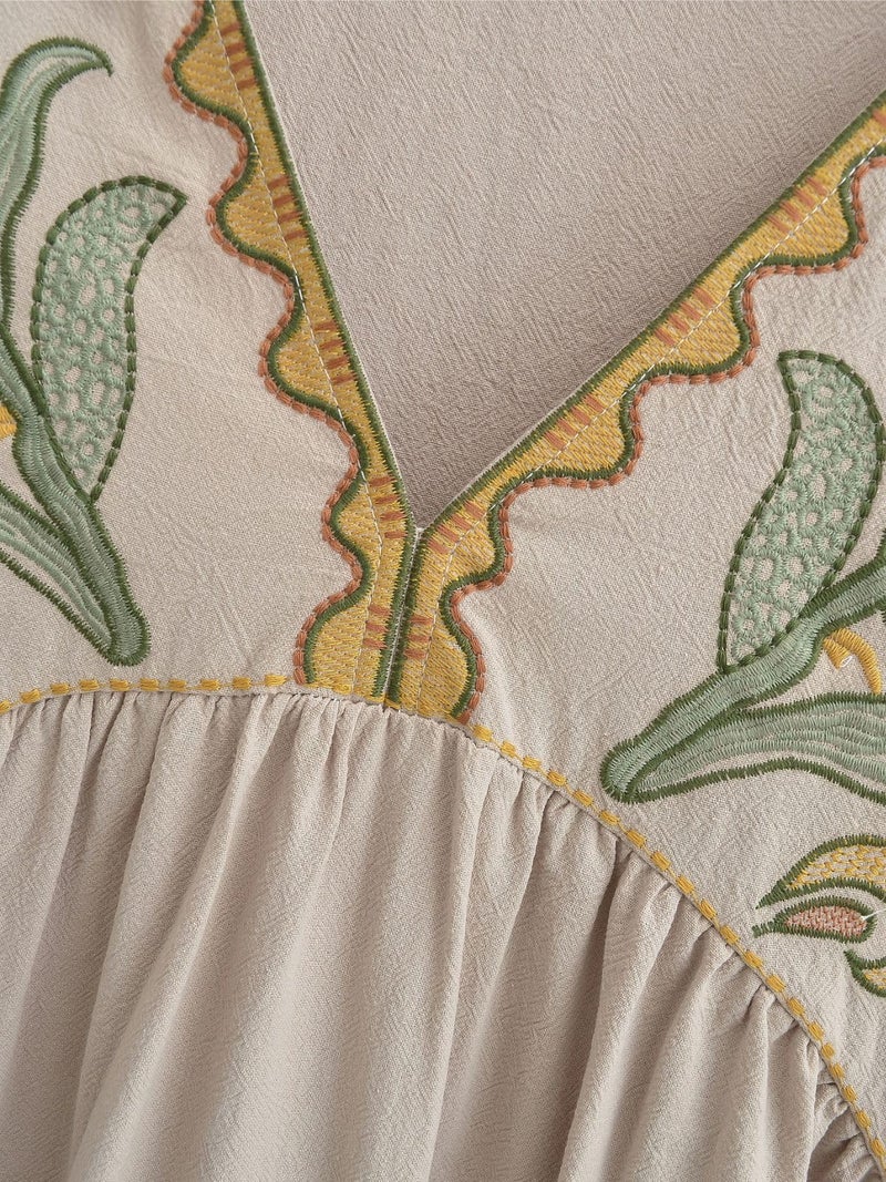 Joiemont Womens Oversized Floral Embroidered Long Dress with V-Neck and 3/4 Sleeves Vintage Embroidery Babydoll Dress(0652-Olive-XS) - Image 3