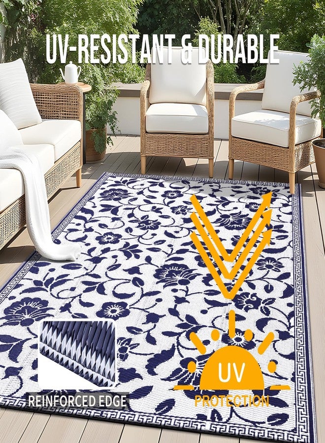 OLANLY Waterproof Outdoor Rug 5x8 ft, Outdoor Plastic Straw Rug with Flower Pattern, Reversible RV Mat, Large Patio Rug for Patio, Camping, Balcony, Deck, Backyard, Navy & White - Image 4