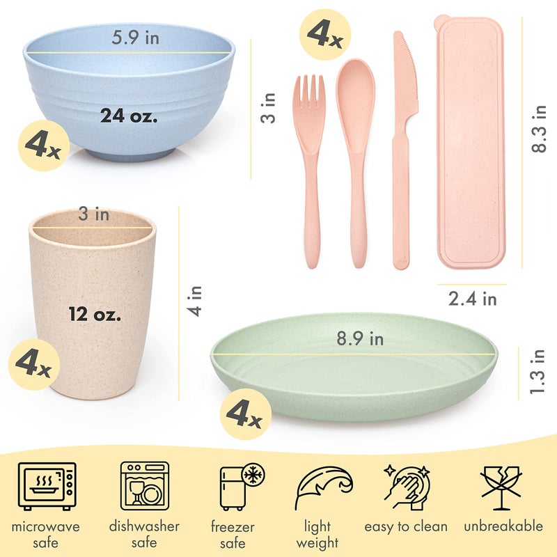 FOODLE Wheat Straw Dinnerware Set - BPA Free & Safety Tested - Dishwasher & Microwave Safe - Toddler & Kids Plates and Bowls Sets - Plastic Plates Reusable - Perfect for RV, Camping Dishes - For 4 - Image 2