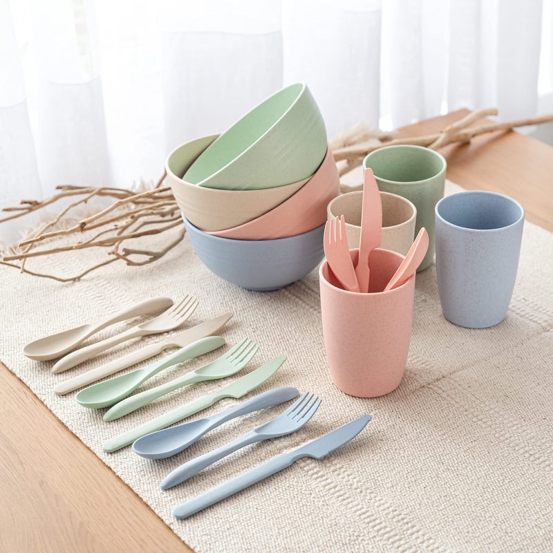 FOODLE Wheat Straw Dinnerware Set - BPA Free & Safety Tested - Dishwasher & Microwave Safe - Toddler & Kids Plates and Bowls Sets - Plastic Plates Reusable - Perfect for RV, Camping Dishes - For 4 - Image 5