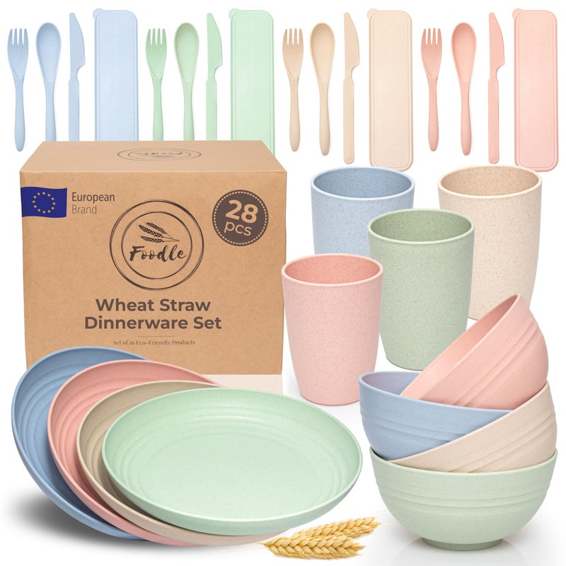 FOODLE Wheat Straw Dinnerware Set - BPA Free & Safety Tested - Dishwasher & Microwave Safe - Toddler & Kids Plates and Bowls Sets - Plastic Plates Reusable - Perfect for RV, Camping Dishes - For 4 - Image 1