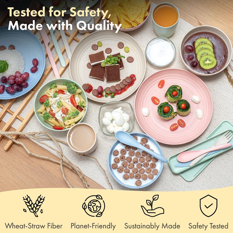 FOODLE Wheat Straw Dinnerware Set - BPA Free & Safety Tested - Dishwasher & Microwave Safe - Toddler & Kids Plates and Bowls Sets - Plastic Plates Reusable - Perfect for RV, Camping Dishes - For 4 - Image 4