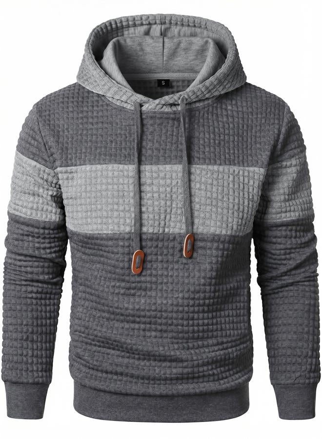 Qichic Men's Sweatshirts Long Sleeve Pullover Patchwork Plaid Jacquard Hoodie Casual Drawstring Hoody Top DarkGrey Grey L, Darkgrey Grey, L - Image 3