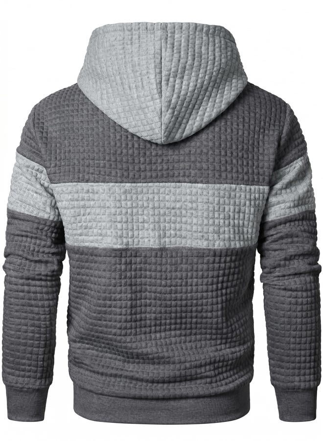 Qichic Men's Sweatshirts Long Sleeve Pullover Patchwork Plaid Jacquard Hoodie Casual Drawstring Hoody Top DarkGrey Grey L, Darkgrey Grey, L - Image 4