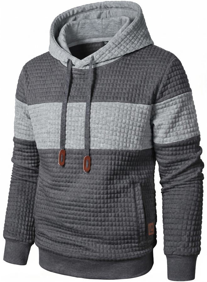 Qichic Men's Sweatshirts Long Sleeve Pullover Patchwork Plaid Jacquard Hoodie Casual Drawstring Hoody Top DarkGrey Grey L, Darkgrey Grey, L - Image 1