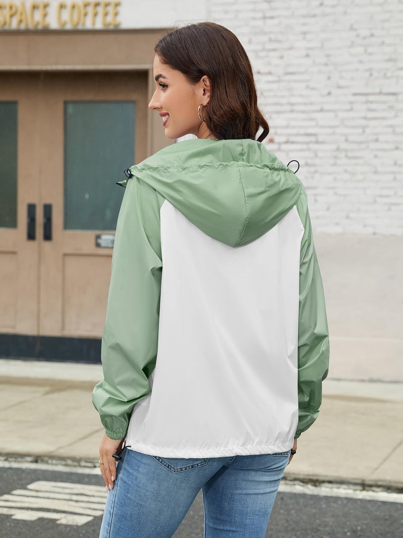 PITINAN Womens Rain Jacket with Hood Women's Lightweight Raincoats for Adults Waterproof Packable Active Outdoor Rain Jacket Light Green White S - Image 3