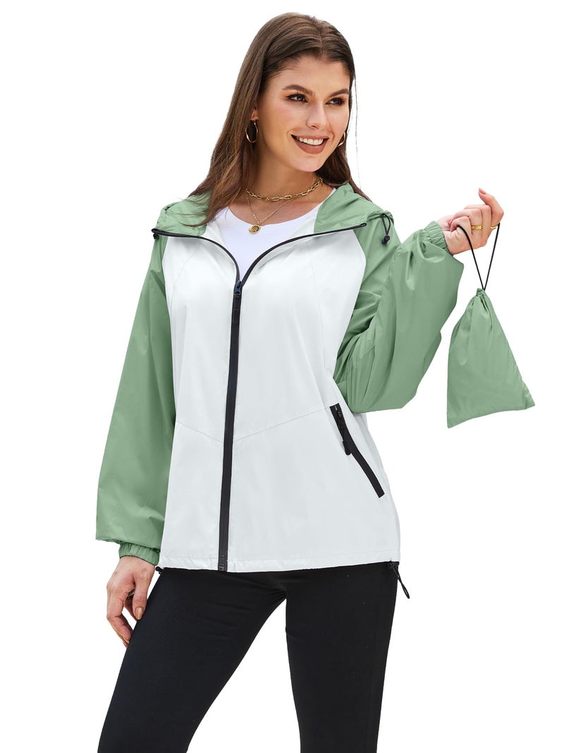 PITINAN Womens Rain Jacket with Hood Women's Lightweight Raincoats for Adults Waterproof Packable Active Outdoor Rain Jacket Light Green White S - Image 1
