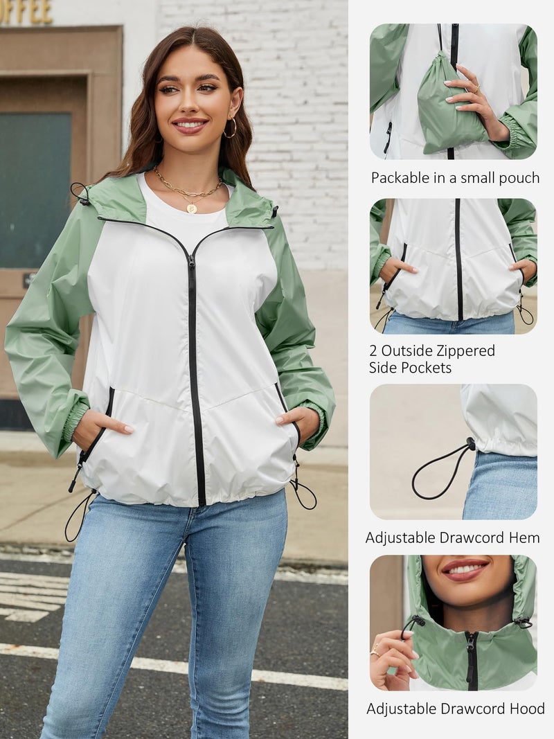 PITINAN Womens Rain Jacket with Hood Women's Lightweight Raincoats for Adults Waterproof Packable Active Outdoor Rain Jacket Light Green White S - Image 5