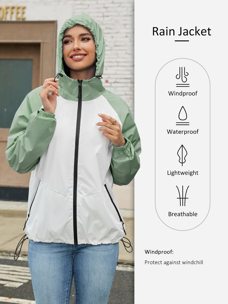 PITINAN Womens Rain Jacket with Hood Women's Lightweight Raincoats for Adults Waterproof Packable Active Outdoor Rain Jacket Light Green White S - Image 4