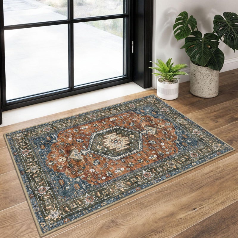 KUTA Vintage Entryway Rugs Indoor Brick Red Washable Rug 2x3 Non-Slip Soft Printed Floral Medallion Doormat Small Accent Farmhouse Kitchen Throw Carpet for Entrance and Bedroom - Image 1